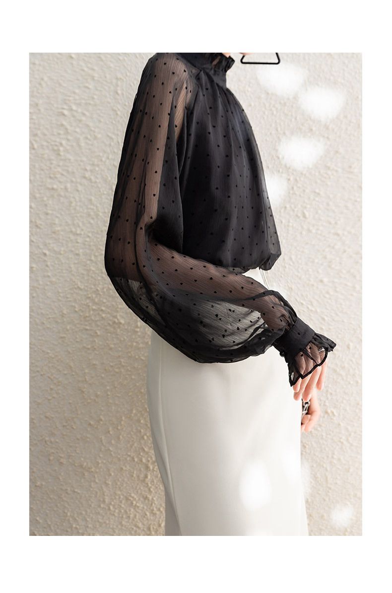 Elegante Chiffonbluse mit gepunktetem Muster, Peter-Pan-Kragen und Volant-Details – Locker geschnittenes Langarm-Oberteil für Damen_voghion.com