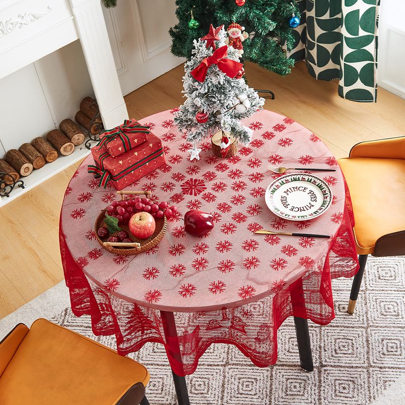 Tovaglia natalizia con bordo in pizzo - Decorazione natalizia rossa per tavoli rotondi e rettangolari (poliestere, lavabile, retro antiscivolo)_voghion.com
