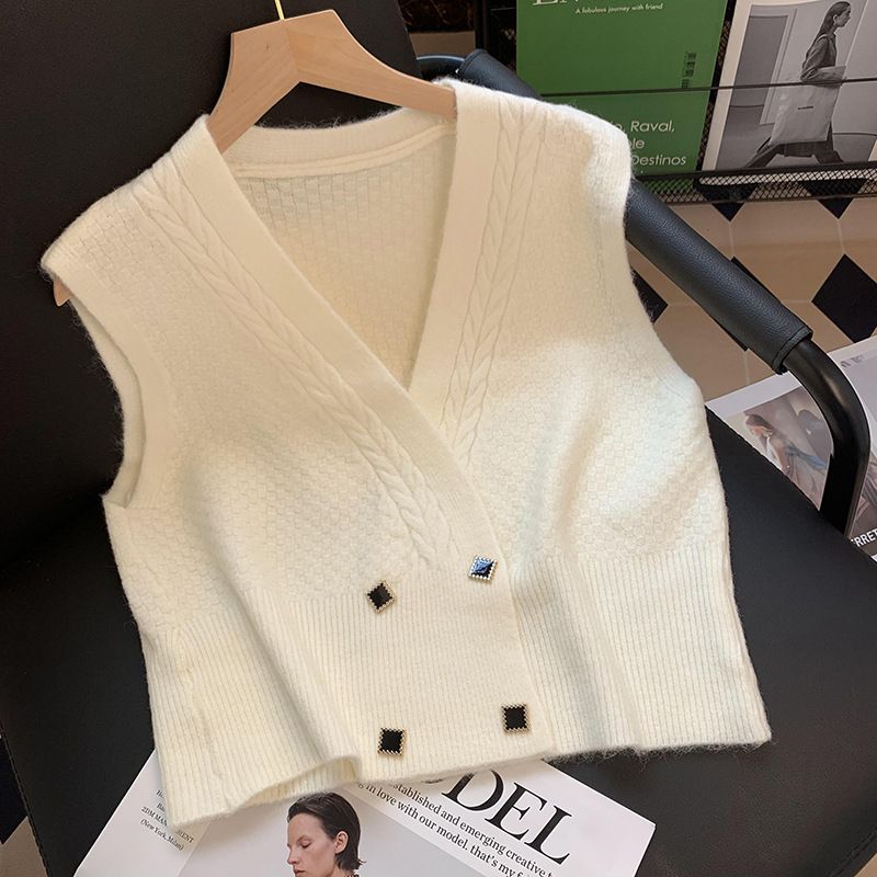 K V-neck Pullover Cardigan For Women; Sleeveless Coat In Solid Color, New Style, Korean Version, To Be Worn Outside_voghion.com
