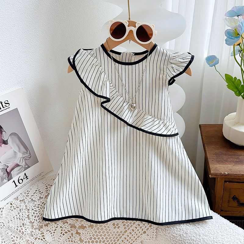 Kinderkleidung Mädchen Prinzessinnenkleid Sommer Neue Kindermode Rundhalsausschnitt Kleine fliegende Ärmel Gestreiftes Kleid_voghion.com