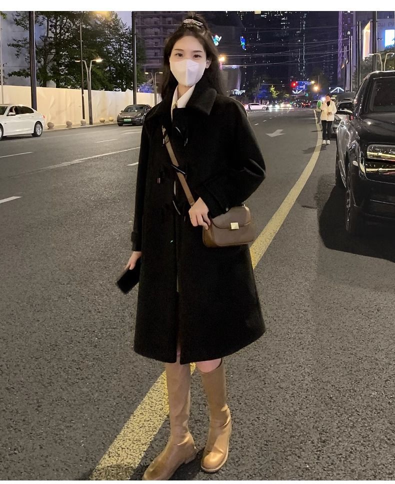 Women's woolen coat with horn buckle, autumn and winter 2023 New woolen coat, small mid-length Hepburn trendy_voghion.com