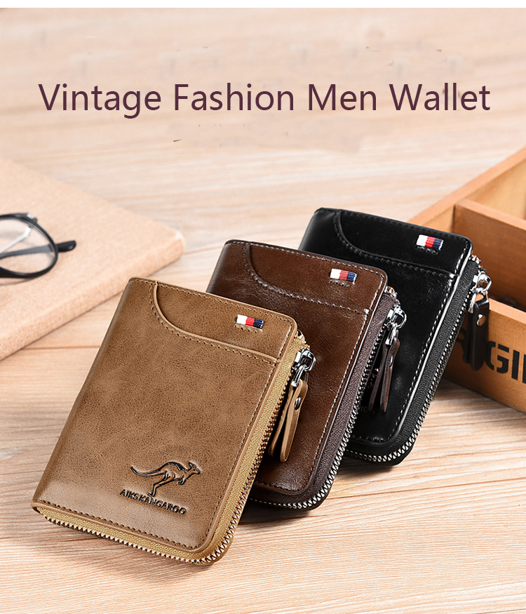 Kangaroo Wallet Men's RFID Blocking PU Leather Wallet with Zipper Multi Business Credit Card Holder Purse High Quality_voghion.com