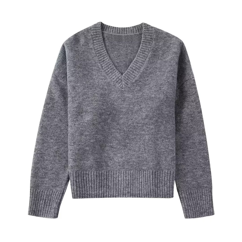 Mode femme col en v mode en direct ample décontracté doux gris pull tricots_voghion.com