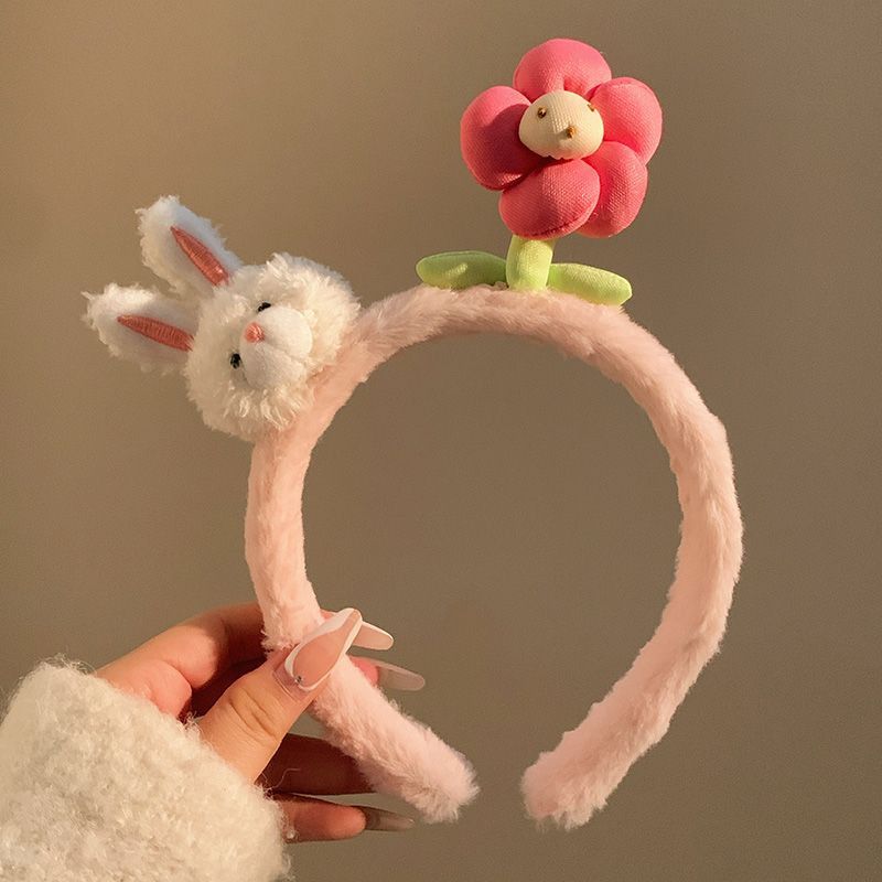 Fascia per capelli con grazioso coniglietto rosa e fiore in peluche per donna, fascia per il lavaggio del viso, fermaglio per capelli a corona alta, dolce fascia per capelli autunno inverno_voghion.com
