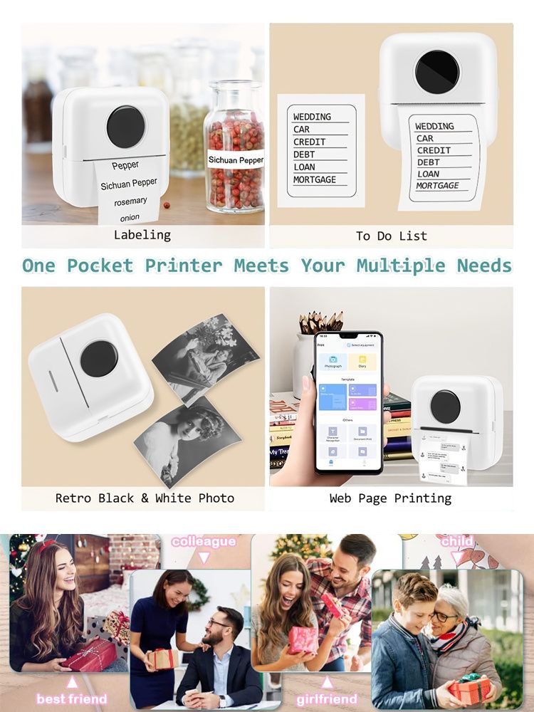 Mini kieszonkowa drukarka Bezprzewodowa drukarka termiczna BT, Mini drukarka fotograficzna z 11 rolkami na prezent Notatki do nauki Praca Zdjęcie Zdjęcie Memo_voghion.com