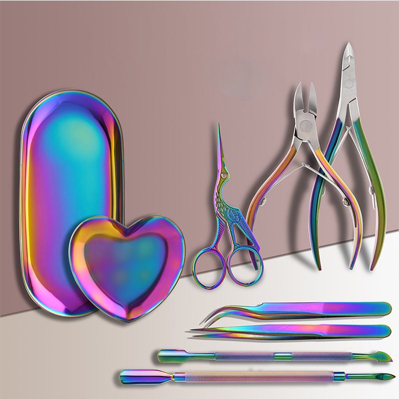 9Pcs/set Rainbow Stainless Nail Cuticle Pusher Tweezer Cutter Trimmer Clipper Scissor Dead Skin Manicure Pedicure Nails Art Tool_voghion.com