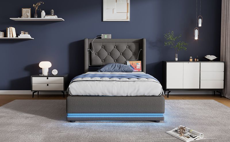 Polsterbett Doppelbett 90*200 Cm,Grau Baumwolle-Material Hydraulisches Stauraumbett, Gepolstertes Kopfteil Mit USB Typ-C Ladefunktion, 3-seitige LED-Funktion(Mit Matratze)_voghion.com