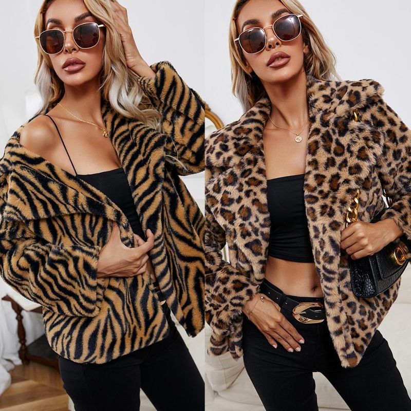 Damenbekleidung - bedruckte Reversjacke aus Plüsch, lockere, schmale Lederjacke für Damen_voghion.com