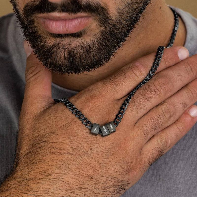 Collana con ciondolo in acciaio inossidabile nero, regolabile, a catena cubana, da uomo, con anello di posizionamento inciso_voghion.com