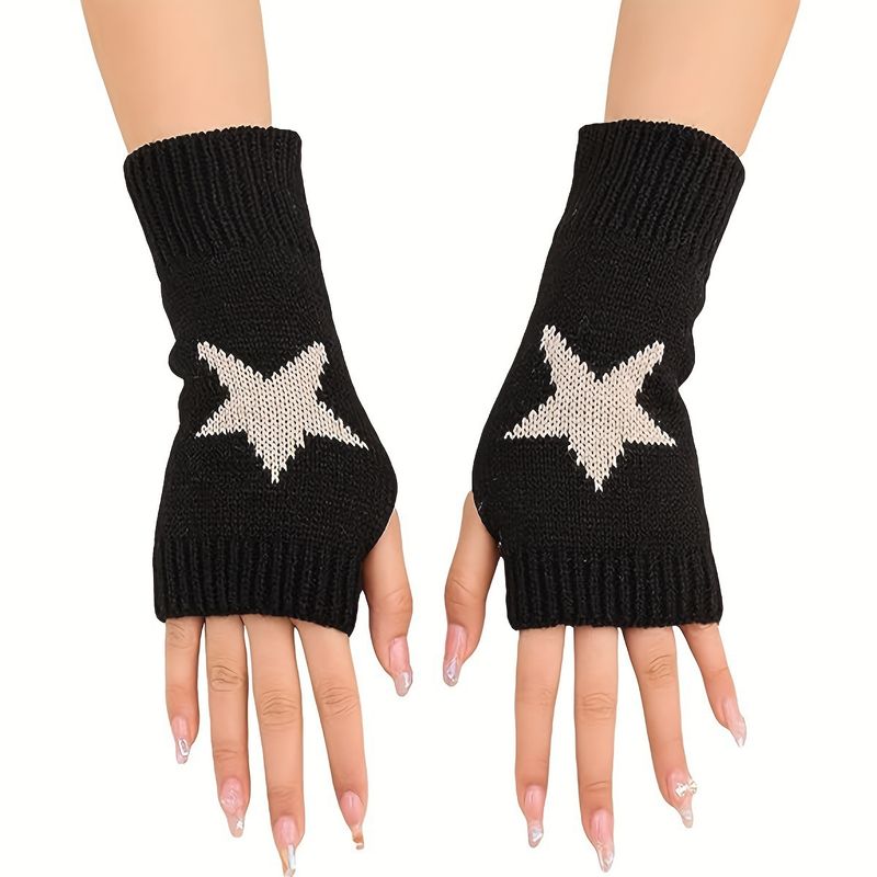 Cute Five-Pointed Star Black For Men And Women Winter Student Writing Simple Knitted Fingerless Warm Gloves Cross-Border_voghion.com