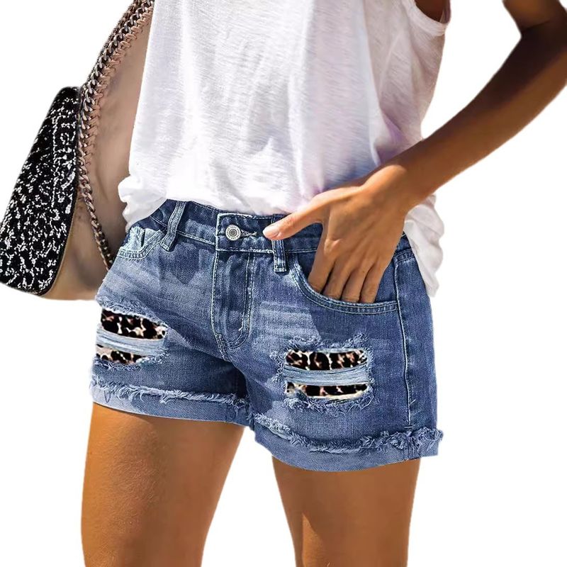 Pantaloncini con bordo arrotolato non elasticizzato e stampa leopardata da donna, nuovi jeans da donna_voghion.com