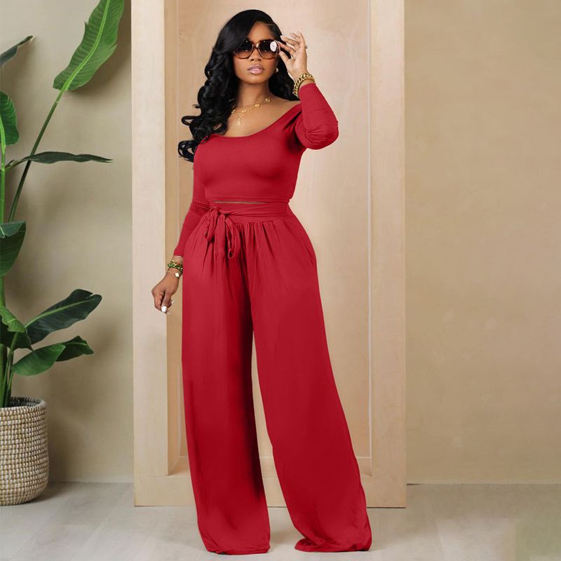 M3025 Women's Solid Color Lace-Up Wide-Leg Two-Piece Set_voghion.com