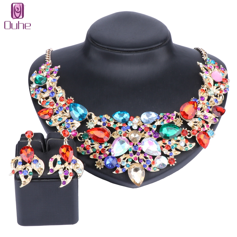 Set di bigiotteria da donna, da sposa, con strass, in cristallo, con collana di fiori e orecchini, per feste_voghion.com