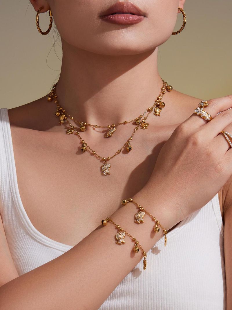 Fangtang 5A Zircon Dog Bell Shaped Multi Accessory Bracelet Necklace Set Stainless Steel Material_voghion.com