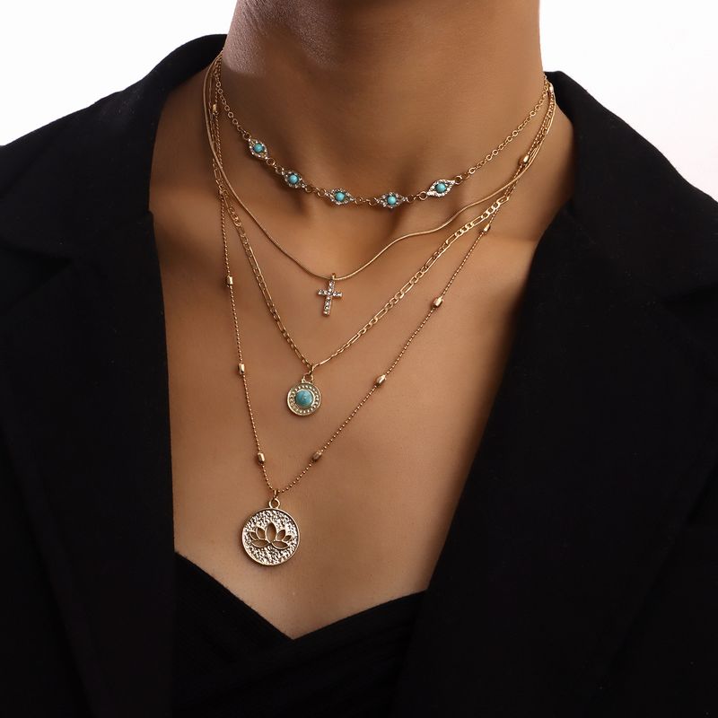 Catena da vita multistrato alla moda con ciondolo a forma di fiore cavo e croce - Design con strass intarsiati per donna, stile INS_voghion.com
