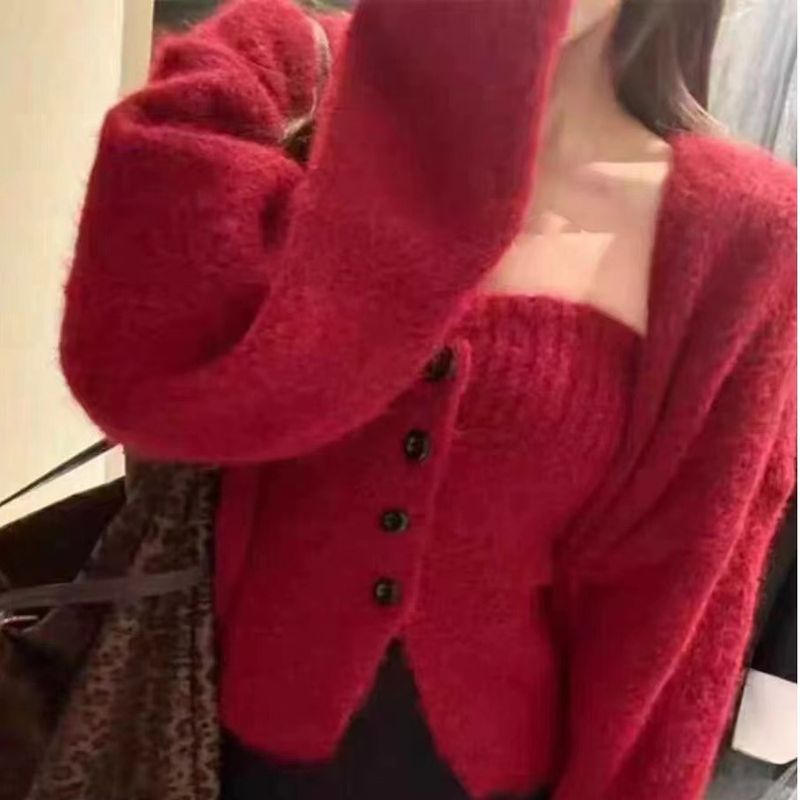 Ensemble deux pièces chic de style coréen : bralette en tricot épais à un bouton + cardigan oversize en laine d'alpaga (plusieurs couleurs)_voghion.com