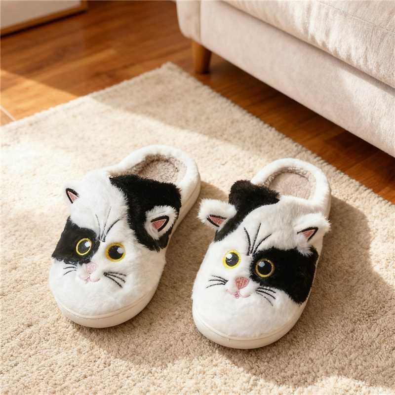 Voyage Voyage New Autumn Winter Three-Dimensional Black And White Towel Embroidered Cotton Shoes Cute Cat Unisex Warm Slippers_voghion.com