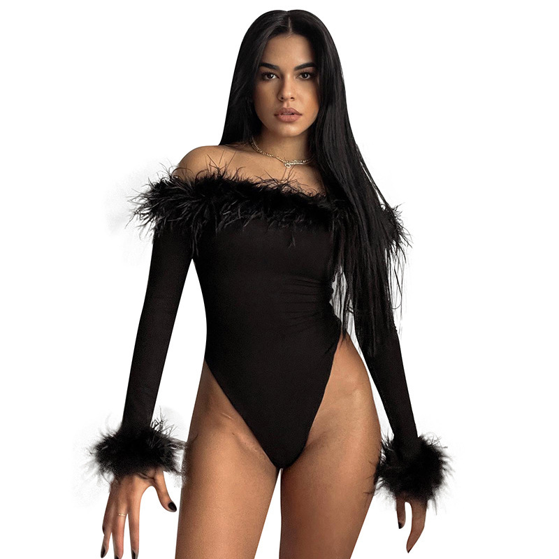 Combinaisons à manches longues en fourrure pour femmes, asymétrique épaule dénudée, hauts à manches longues pour filles, femmes_voghion.com