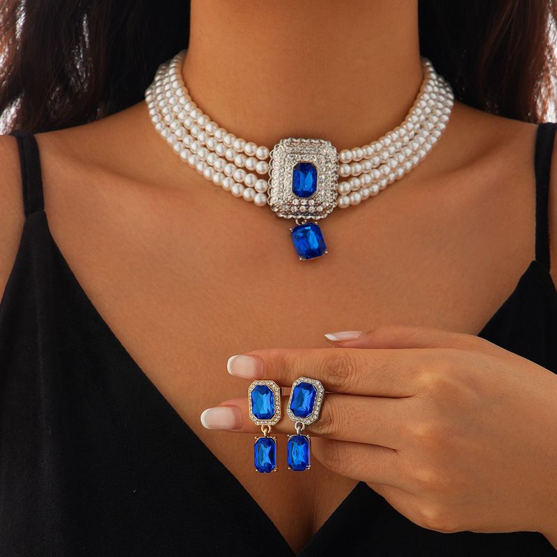 Retro square full diamond gem pearl choker necklace temperament French multi layer necklace_voghion.com