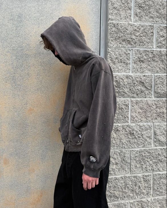 Vintage Washed Hooded Sweatshirt – Unisex Oversized Zip-Up Hoodie, Streetwear Distressed Cotton Blend Pullover With Drop Shoulder (Grey, S-XXL)_voghion.com