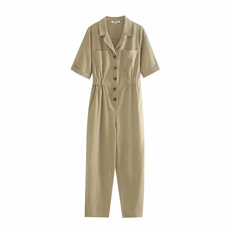 Mono de lino liso de manga corta para mujer, apto para todas las estaciones, verano 2024, color verde militar y caqui, talla 2524_voghion.com