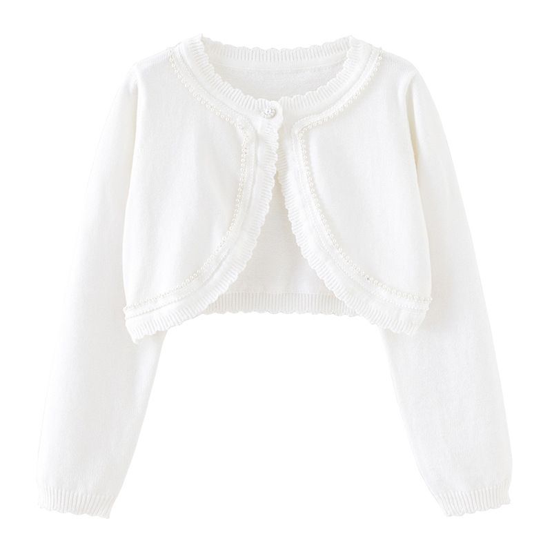 Cardigan en tricot de coton pour fille – Veste d'été légère avec bordure perlée (90-160 cm, blanc/rose/violet, sécurité classe B)_voghion.com