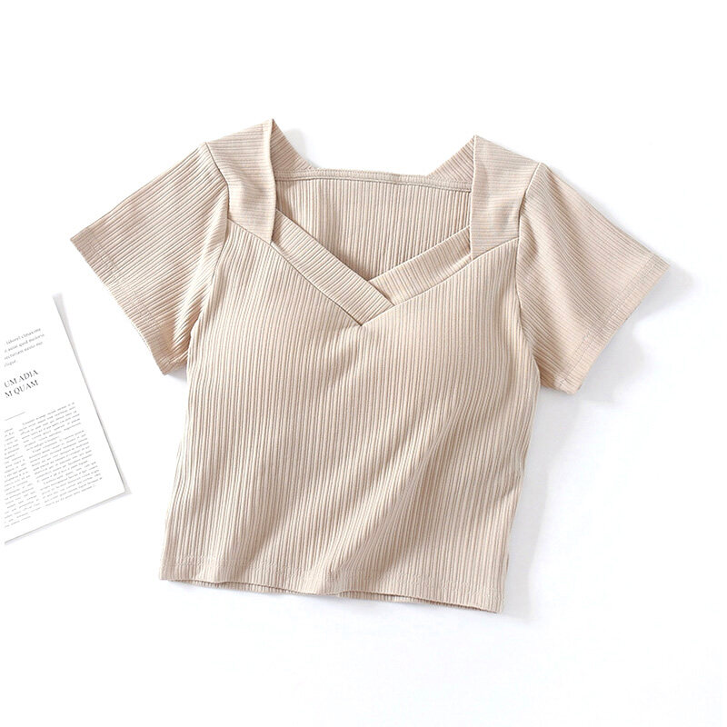 SUPERFLOWER T-shirt tendance pour femme avec coussinets de poitrine, col en V, manches courtes, hauts courts respirants_voghion.com