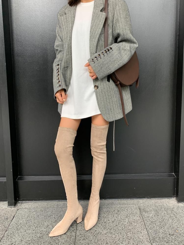 Overknee-Stiefel mit großem Bein, langem Blockabsatz, spitzem Bein und Wickeldesign sowie elastischen Stiefeln mit mittelhohem Absatz für Damen_voghion.com