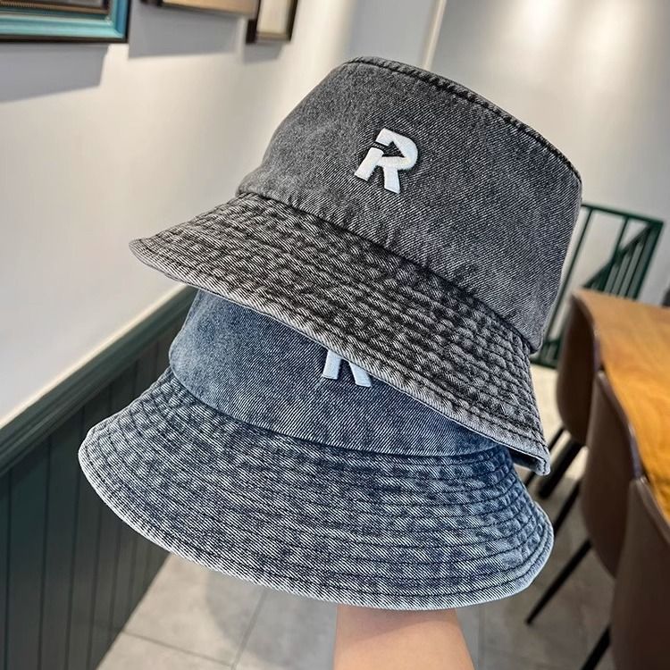 Korean version versatile washed denim letter basin hat for women, simple and casual, summer shading, revealing face,_voghion.com