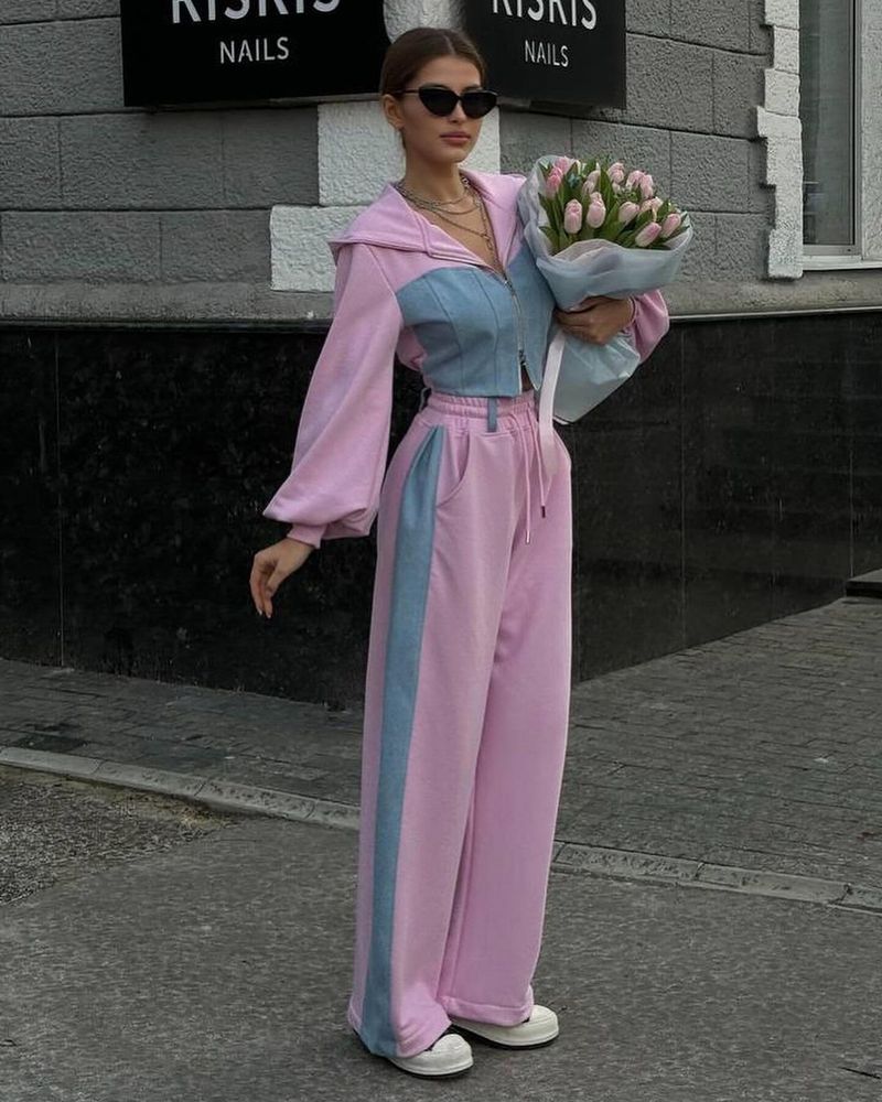 Ropa de mujer, nuevo estilo, moda informal, suéter, traje, mezclilla, empalme, capucha, pantalones, traje de dos piezas, ropa de mujer_voghion.com