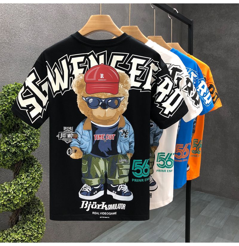 Herrenbekleidung Kurzarm-T-Shirt mit Cartoon-Bär-Aufdruck für Herren, Sommermode, All-Match, lässiger Rundhalspullover, lockeres Oberteil_voghion.com