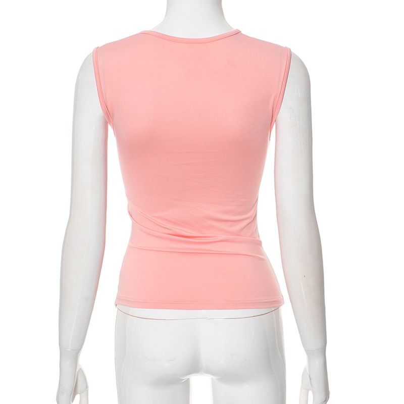 Q24TP352 Women's Summer New Item Solid Color Sleeveless Irregular Sexy Pleated T-shirt Top_voghion.com