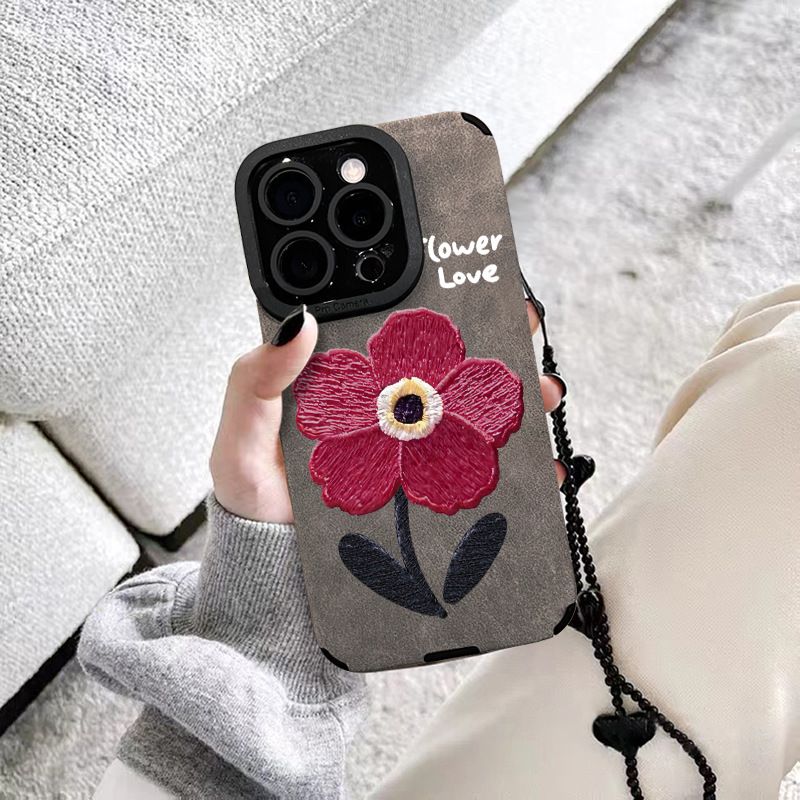 Custodia a catena con fiori rossi e pittura a olio per iPhone 16 Pro, 15/14 in silicone antiurto, 13 in pelle scamosciata, 12 al tatto_voghion.com