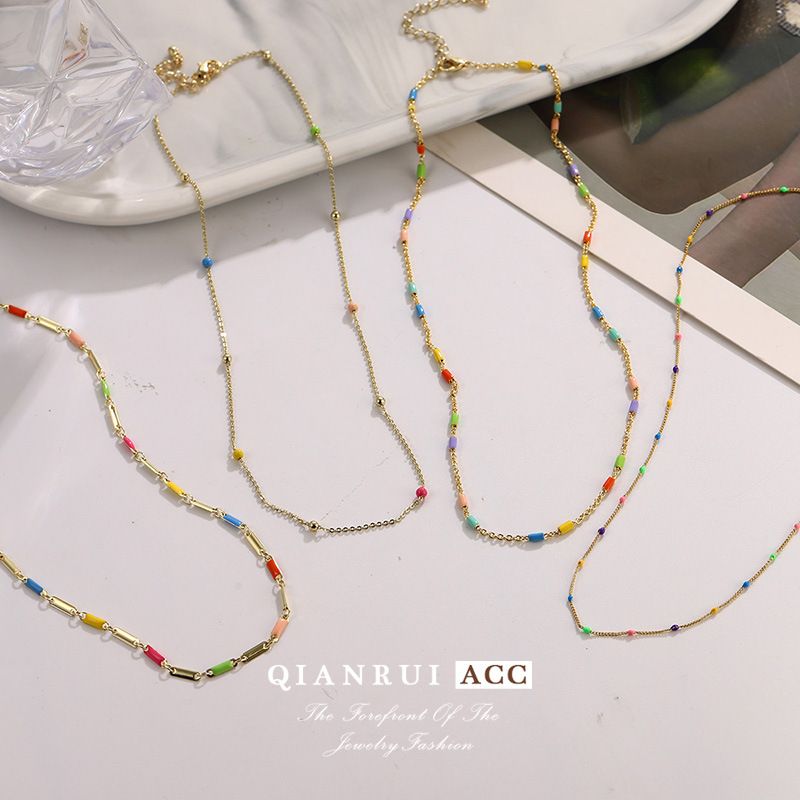 Colored Dopamine Necklace For Women, Niche Colored Oil Drop Stacking Design Double Layer Beaded Necklace For Women_voghion.com