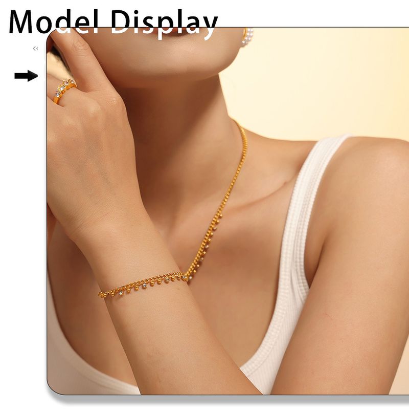 Titanium Steel Small Round Bead Inlaid Rhinestone Interval Pendant Tassel Necklace Bracelet Set_voghion.com