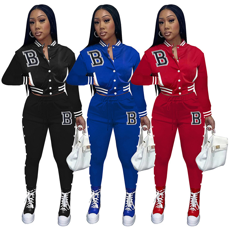 Women's solid color baseball two-piece blazer with breasted pockets_voghion.com