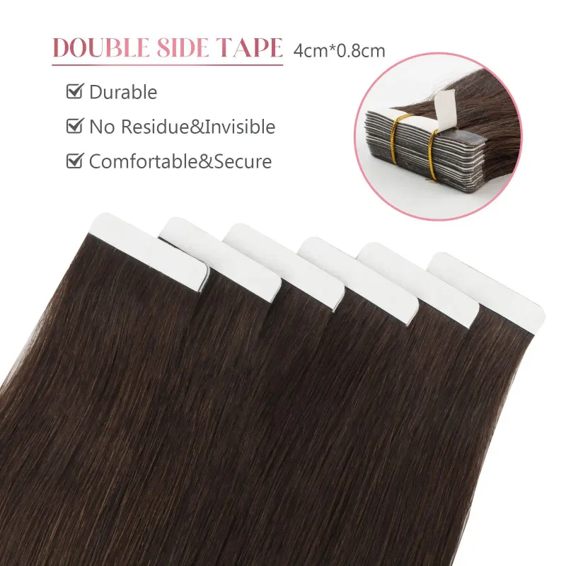Dunkelbraunes Tape In Echthaar-Extensions, Echthaar, nahtlos, unsichtbar, Skin Weft, selbstklebendes Haar, 20 Stück_voghion.com