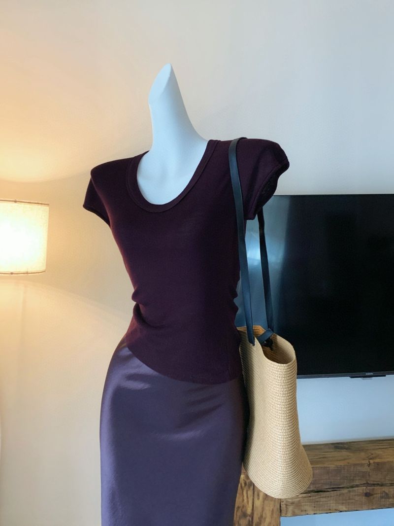Ensemble deux pièces violet élégant : jupe midi fluide en mousseline fendue et haut à manches courtes, tenue d'été pour femme_voghion.com