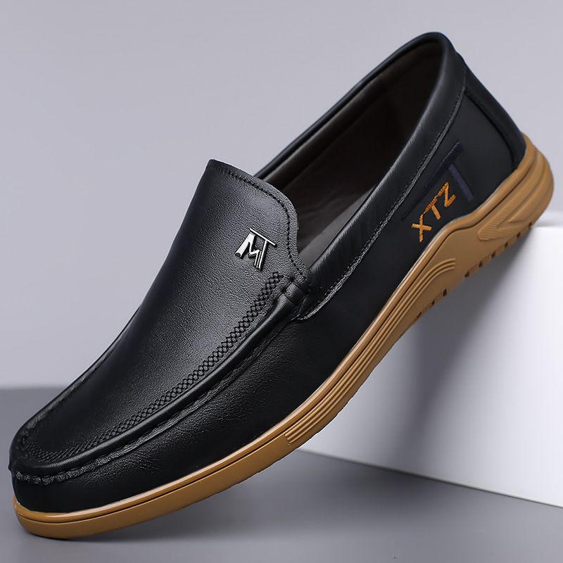 New Men's Fashion Casual Leather Top Layer Cowhide Sole Soft Surface Loafers Non-Slip Flat Driving Dad Shoes_voghion.com