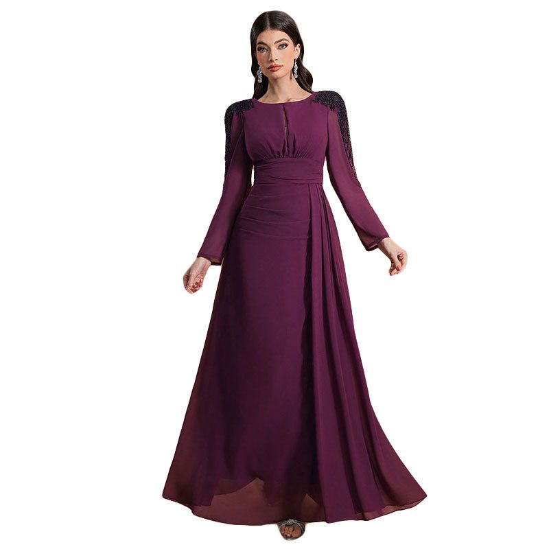 Women's Elegant Floral Embroidered Chiffon Maxi Dress With Lantern Sleeves – High Waist A-Line Party Gown For Evening, Wedding & Office (Purple)_voghion.com