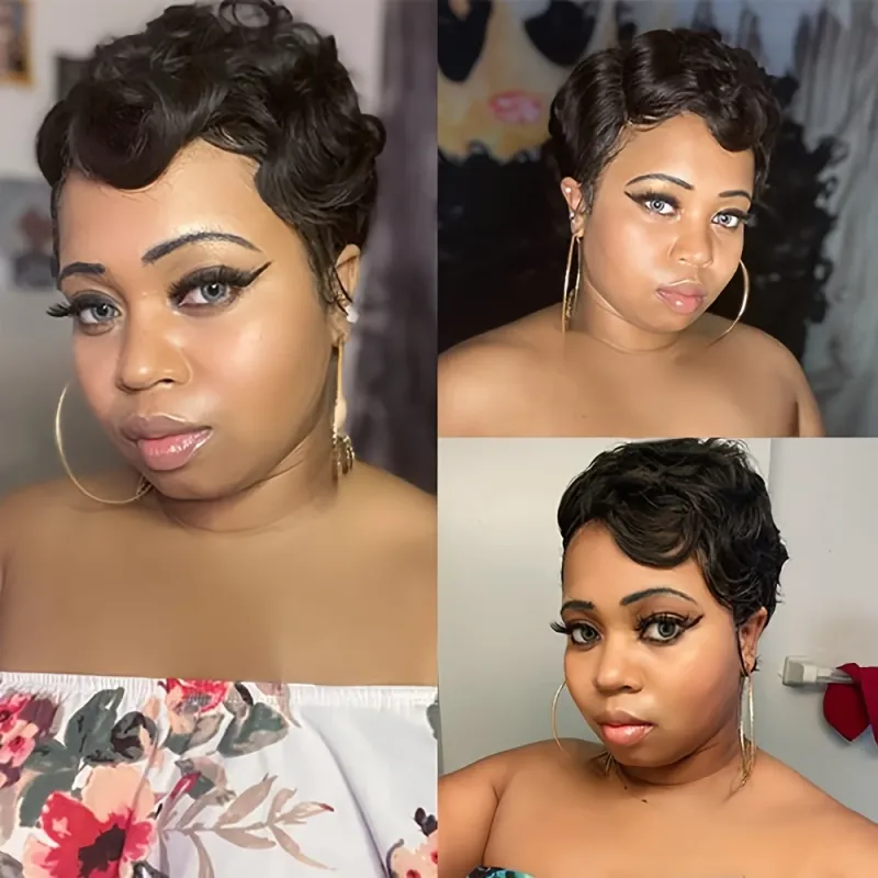 6 Zoll Pixie Cut Perücke Echthaar Perücken für Frauen Volle maschinell gefertigte Perücke_voghion.com