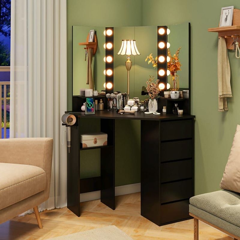 Corner Vanity Desk With 3-Color LED Lighted Mirror And Power Outlet_voghion.com