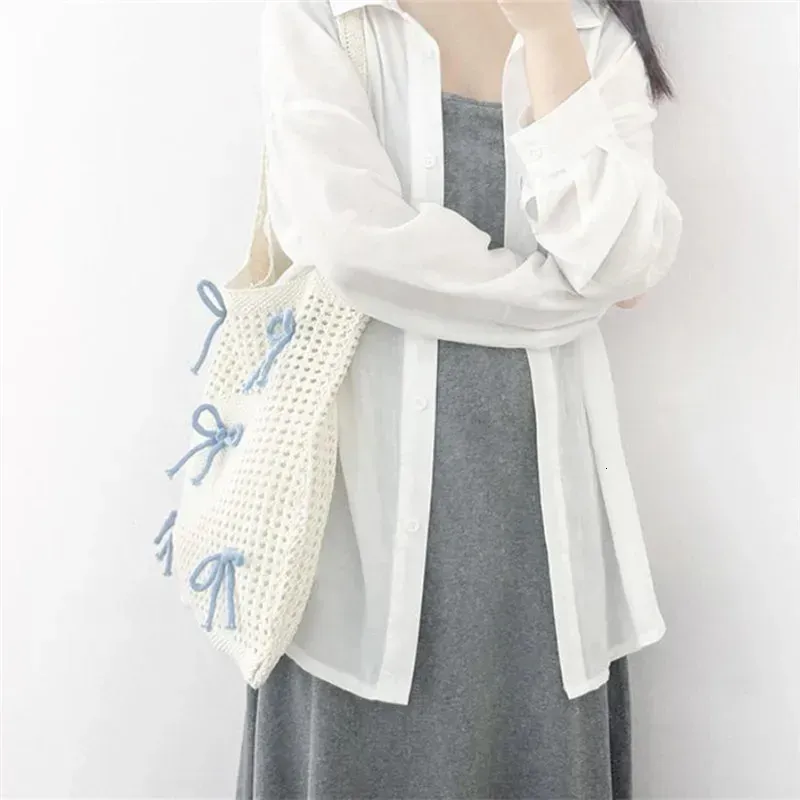 Preppy Style Crochet Tote With Butterfly Accents Solid Color Polyester Shoulder Foldable Fashion Beach Bag 250402_voghion.com