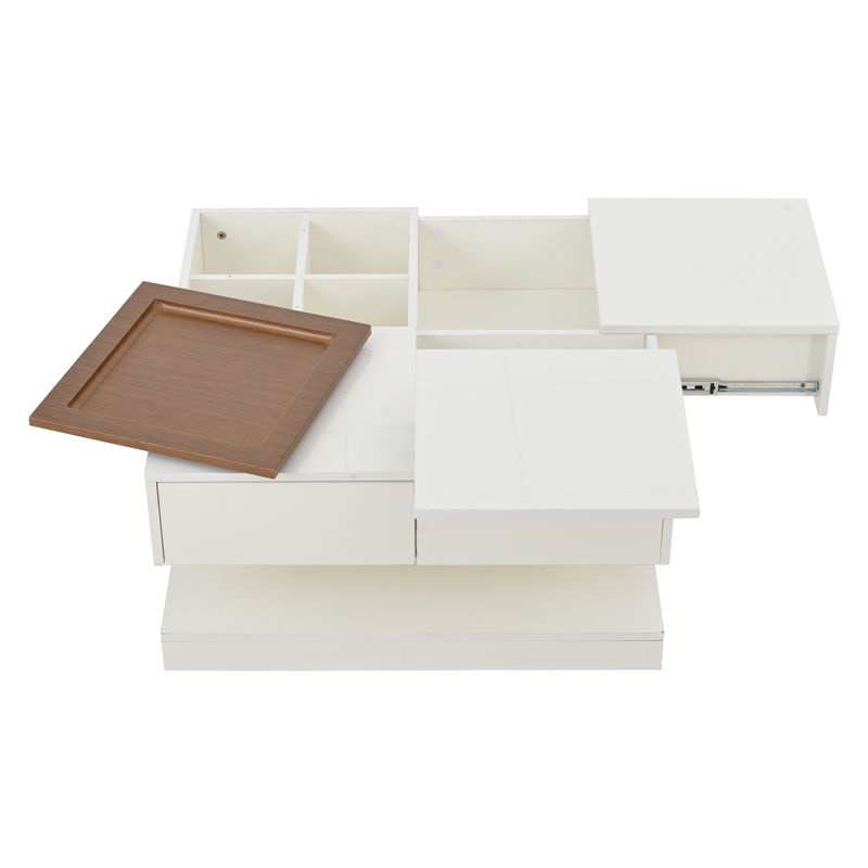 Table basse relevable 75,5 x 75,5 x 38 cm avec 4 compartiments de rangement, table de salon multifonctionnelle blanc brillant et ton bois, table d'appoint avec plateau amovible._voghion.com