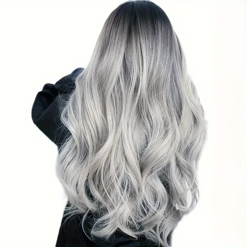 Peluca sintética nueva de moda con división central, onda grande, negro, gris, cambio Gradual de Color, rizado largo, conjunto de cabeza completa blanco plateado_voghion.com