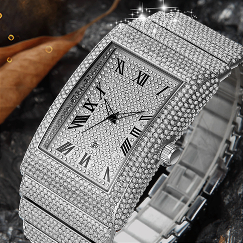 Men's Luxury Rhinestone Watch - Hip Hop Square Dial With Diamond Accents, Gold Tone Stainless Steel Band, Date Display, Quartz Movement_voghion.com