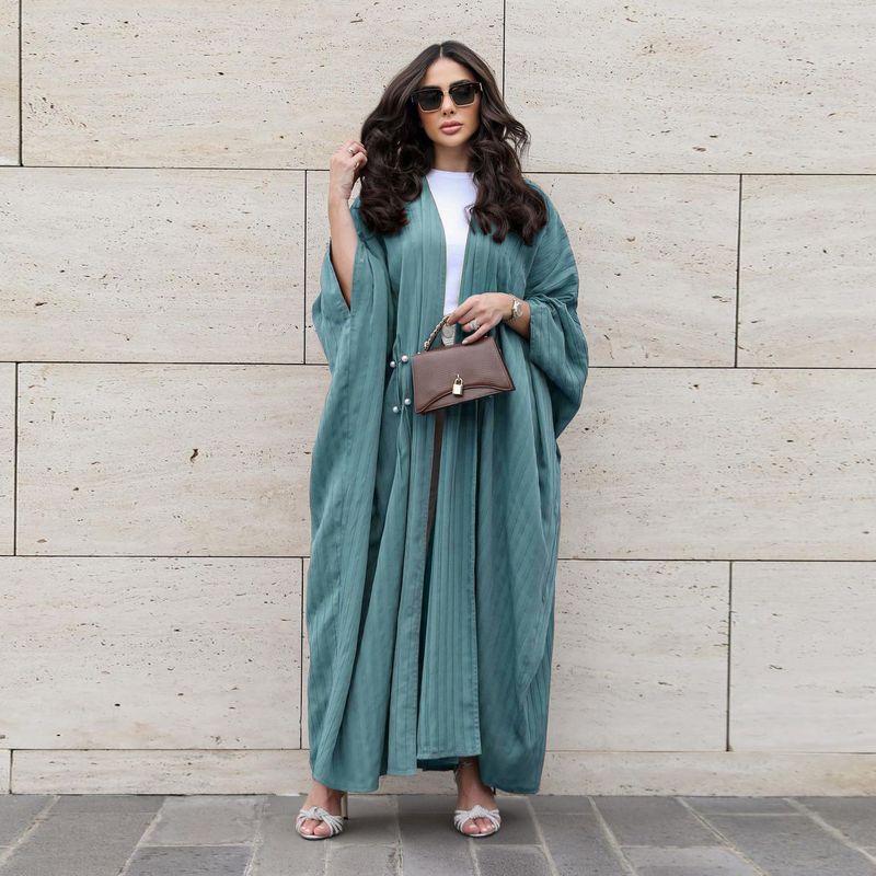 Verve MQ077 Muslim Women's Modest Fashion Turkish Striped Casual Plus Size Abaya Cardigan Robe_voghion.com