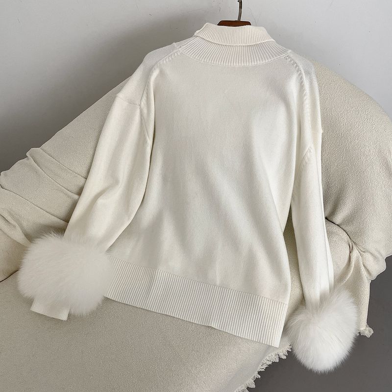 Damenbekleidung Heißer Verkauf Damen Herbst und Winter neuer verdickter hochgeschlossener lockerer Strickpullover mit abnehmbaren Manschetten aus echtem Fuchs_voghion.com