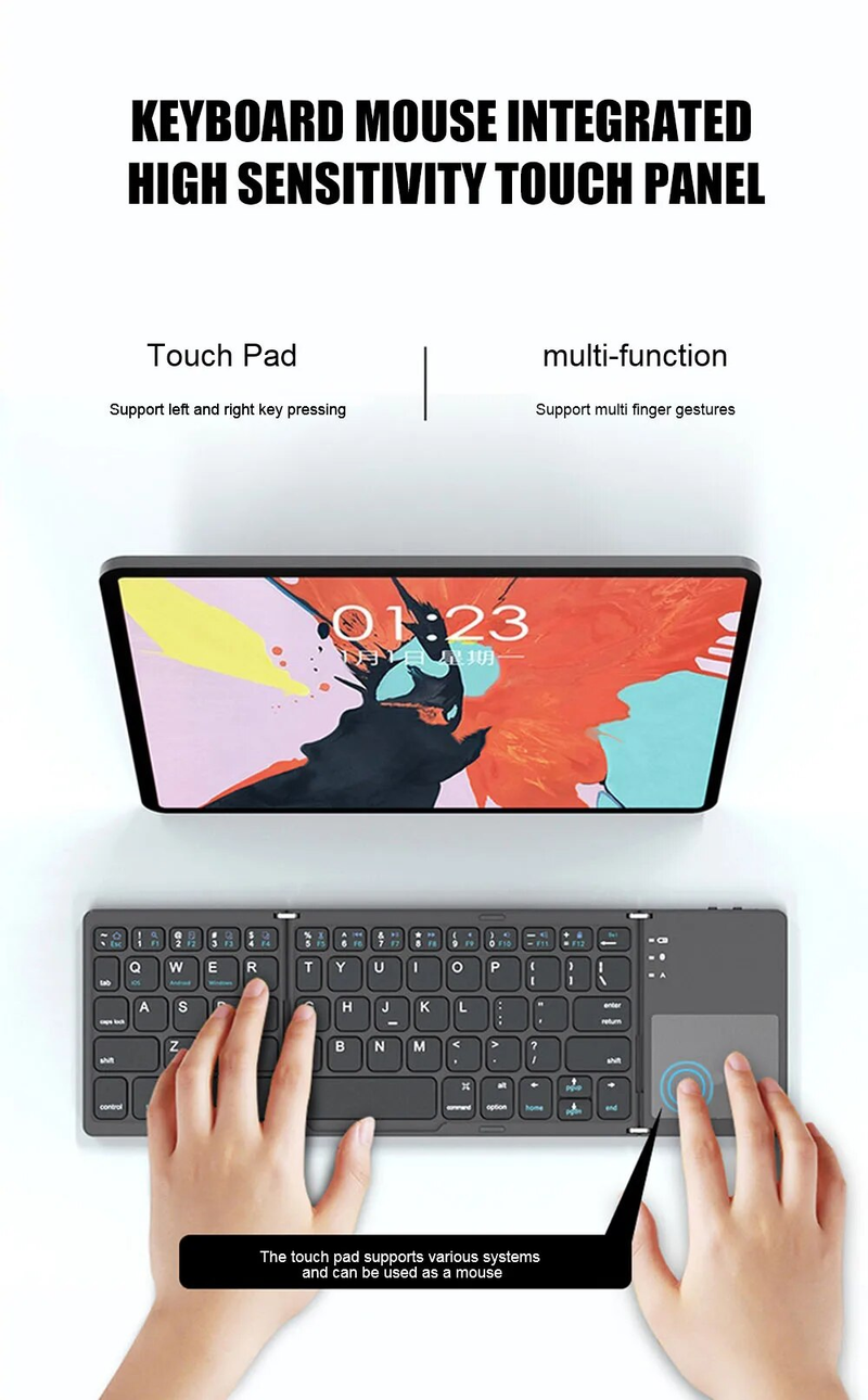 B033 Mini Kablosuz Klavye Bluetooth Dokunmatik Yüzey Taşınabilir Manyetik Üçlü Katlanır Klavye Windows Android IOS IPad Telefon İçin_voghion.com