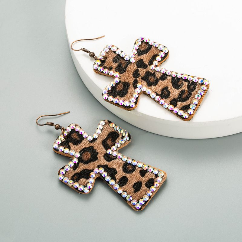 Boucles d'oreilles et pendentifs en cuir à imprimé léopard croisé exagéré, style années 2000, fait main, Ins Shibuya Hot Girl_voghion.com